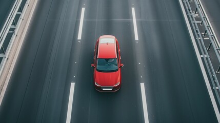 Red car is driving in the middle lane of a 3 lane highway - obrazy, fototapety, plakaty