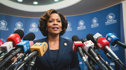 Afro American woman politician at press conference talking into microphones of mass media. Woman leader, political campaign and briefing concept