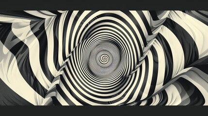 Dramatic black and white optical illusion with a twisting geometric tunnel