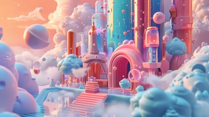 colorful background of architecture of fluid surrealism style, 3d icon clay render