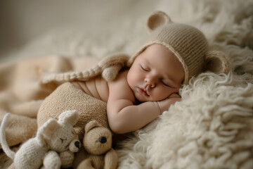 A newborn baby in beige sleeping on its side, holding an animal toy with its hands and wearing a cute hat. The background is a light beige fabric