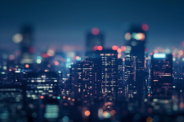 Bokeh background in city and night skyscrapers in blurry night. Blurry photo. Cityscape background