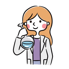 A woman in a white lab coat, holding a glass beaker filled with a clear liquid. Japanese-style illustration.