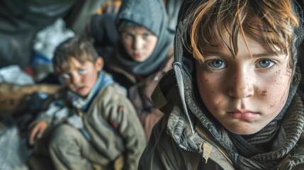 Fototapeta premium Portrait of Hope: Gaze of a Child in a Shelter. Generative ai