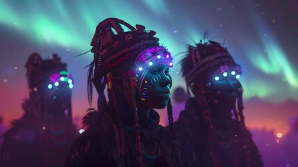 an festival celebrating the beauty of the northern lights, with attendees adorned in glowing accessories and costumes - obrazy, fototapety, plakaty