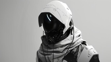 Futuristic cybernetic vigilante in white helmet and armor, exuding mystery and technology - obrazy, fototapety, plakaty