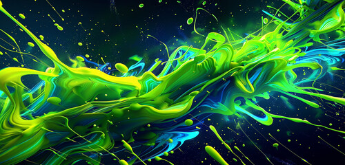 Electric blue and neon green splashes energize a dynamic abstract pattern.