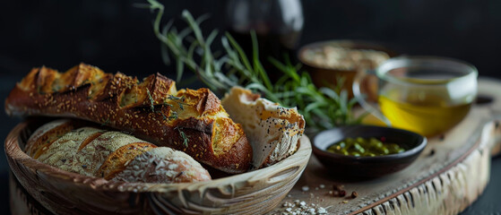 A wooden tray with rustic bread and bowl of olive oil, dark background - obrazy, fototapety, plakaty