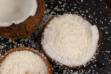 white coconut pulp and dried coconut flakes