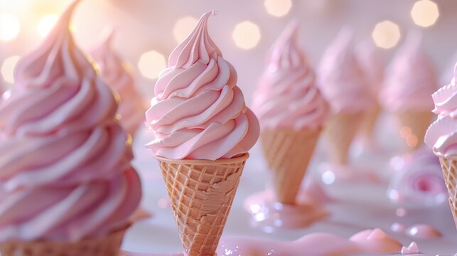 Dreamlike arrangement of creamy spirals in cones under soft lights, hinting at a sugary paradise
