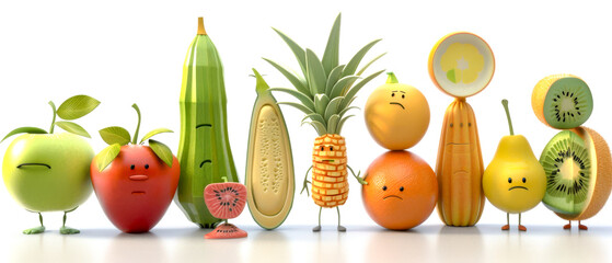Group of cartoon fruits and vegetables are shown in a row, white background