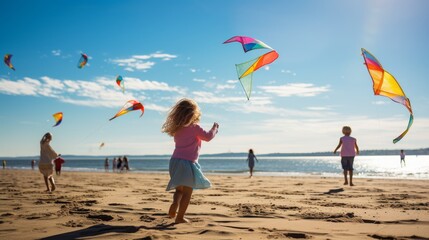 A group of people joyfully fly kites on a sandy beach on a sunny day