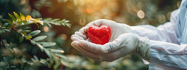 a man holds a heart in his hands on the background of nature