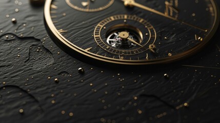 Fototapeta na wymiar Elegant golden watch with blue leather strap on a dark reflective surface