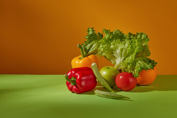 Fresh organic vegetables and fruits placed on the left side of green table with bell peppers,okra, lecture, apple, tomato and orange against on orange background. Copy space, front view