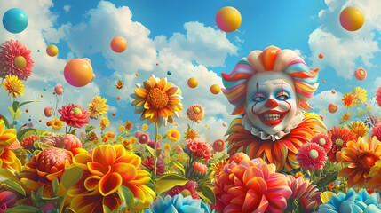 The face of a clown in a flower field
