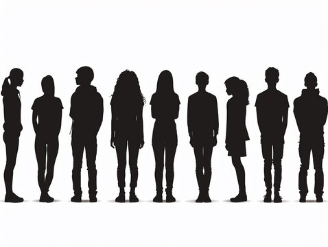 a row of black siluets of people look in, we see them only from the back, white background, vector