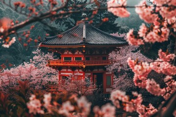 Traditional Japanese temple surrounded by cherry blossoms in full bloom