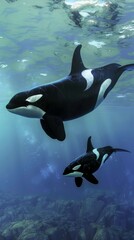 Naklejka premium A small pod of orca whales, including two adults and a calf, swimming together in the serene, turquoise waters, showcasing the familys natural bond.