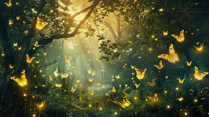 Wide panoramic of fantasy forest with glowing butterflies