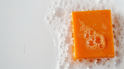 Photograph of yellow soap resting on the white floor with soapy water and bubbles, close-up. Cosmetics advertising materials.