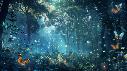 Fototapeta na wymiar Wide panoramic of fantasy forest with glowing butterflies