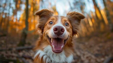Funny animal pet photography - Cute collie dog takes a selfie of herself in the forest.