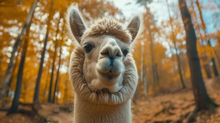 Naklejka premium Funny animal photography - Cute alpaca takes a selfie of herself in the forest.
