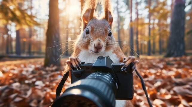 Funny animal pet photography - Cute red squirrel photographed with a camera in forest