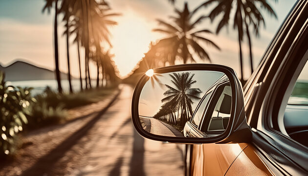 Seitenspiegel, auto, Miami, neu, palmen, strasse, Boulevard, palm Beach, fahren, aesthetic, exotisch, reisen, urlaub, reklame, konzept, werbung, reiseb&uuml;ro, entwerfen, gestalten, sonne, licht, reflex