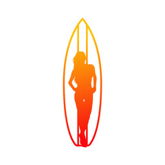 Logo club de surf. Silueta de mujer de pie frente a tabla de surf lineal