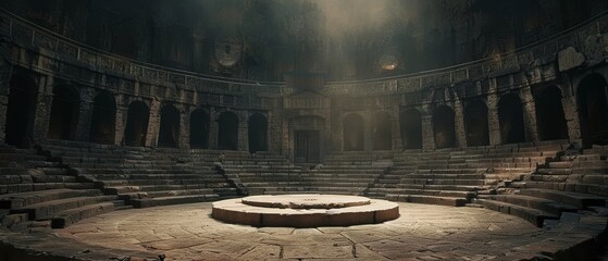 A tranquil ancient amphitheater basks in soft sunlight, its arcades and stone seats whispering...