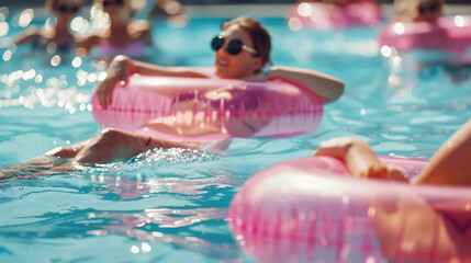girl relaxing on the inflatable ring in resort pool.