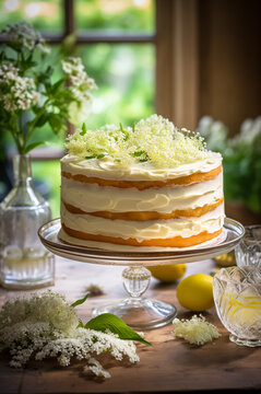 Elderflower Lemon Cake. A wholesome and delightful treat on a glass cake stand surrounded by elderflowers and lemons on wooden table. Vertical, side view.