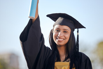 Graduation, smile and portrait of woman with degree on university campus for education achievement....