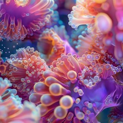 Obraz na płótnie Canvas Capture Marine Magic with a photorealistic digital rendering of close-up shot, showcasing intricate details of underwater flora and fauna Vibrant colors and textures should evoke the symphony of marin