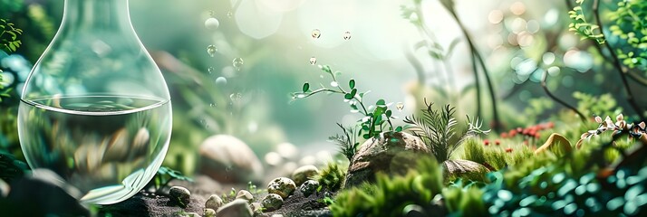 A glass ball in the forest with a green background and a leafy plant in the center AI Generated