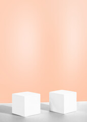 Cosmetic powdery background with geometric shapes. Two white cement cubic podiums. Mockup for the demonstration of cosmetic products