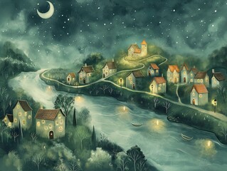 Obraz premium A mystical twilight scene of a quaint village with glowing windows beside a serene river under a starry sky.
