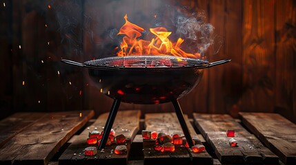 fire in the grill. selective focus - obrazy, fototapety, plakaty