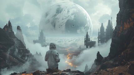 Astronaut gazing at a futuristic cityscape on a distant planet, evoking space exploration and colonization - obrazy, fototapety, plakaty