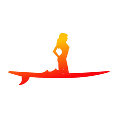 Logo club de surf. Silueta de mujer de rodillas encima de una tabla de surf