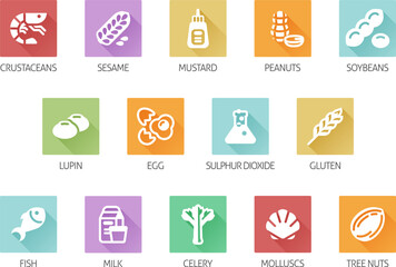 Food allergen allergy icons. include big 8 FDA Major Allergens and 14 food allergies from the EU Food Information for Consumers Regulation EFSA European Food Safety Authority Annex II