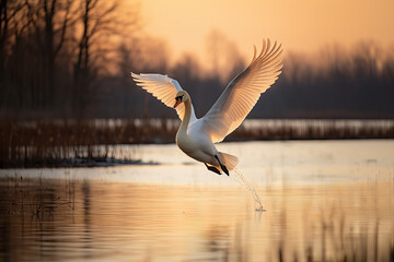  A white swan with its wings spread, flying over a calm body of water during a warm sunset - Powered by Adobe