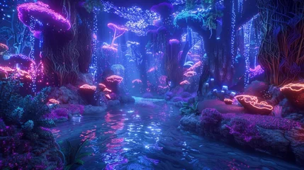 Poster Donkerblauw Mystical virtual landscape with glowing neon plants and ethereal ambiance