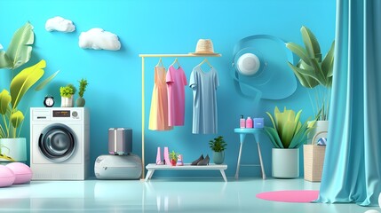 Washing machine with laundry on blue wall background
