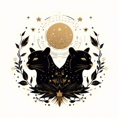 Vector illustration of two cats in a floral wreath with moon and stars