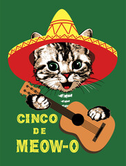 Cat kitten portrait in sombrero and with guitar. Slogan cinco de meow-o. Vector illustration.