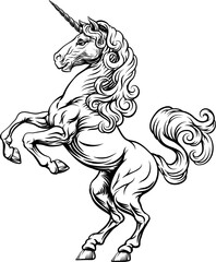 Unicorn horn horse mythological animal from myth. For a crest in rampant pose. Heraldic coat of arms heraldry design element in a vintage illustration style.