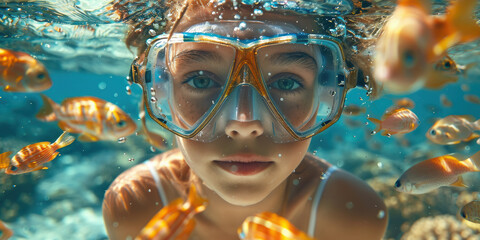 girl in a diving mask with a snorkel swims underwater, ocean, sea, marine, fish, water, woman, portrait, face, scuba, summer, sport, dive, vacation, blue water, world, head, coral reef, travel - obrazy, fototapety, plakaty
